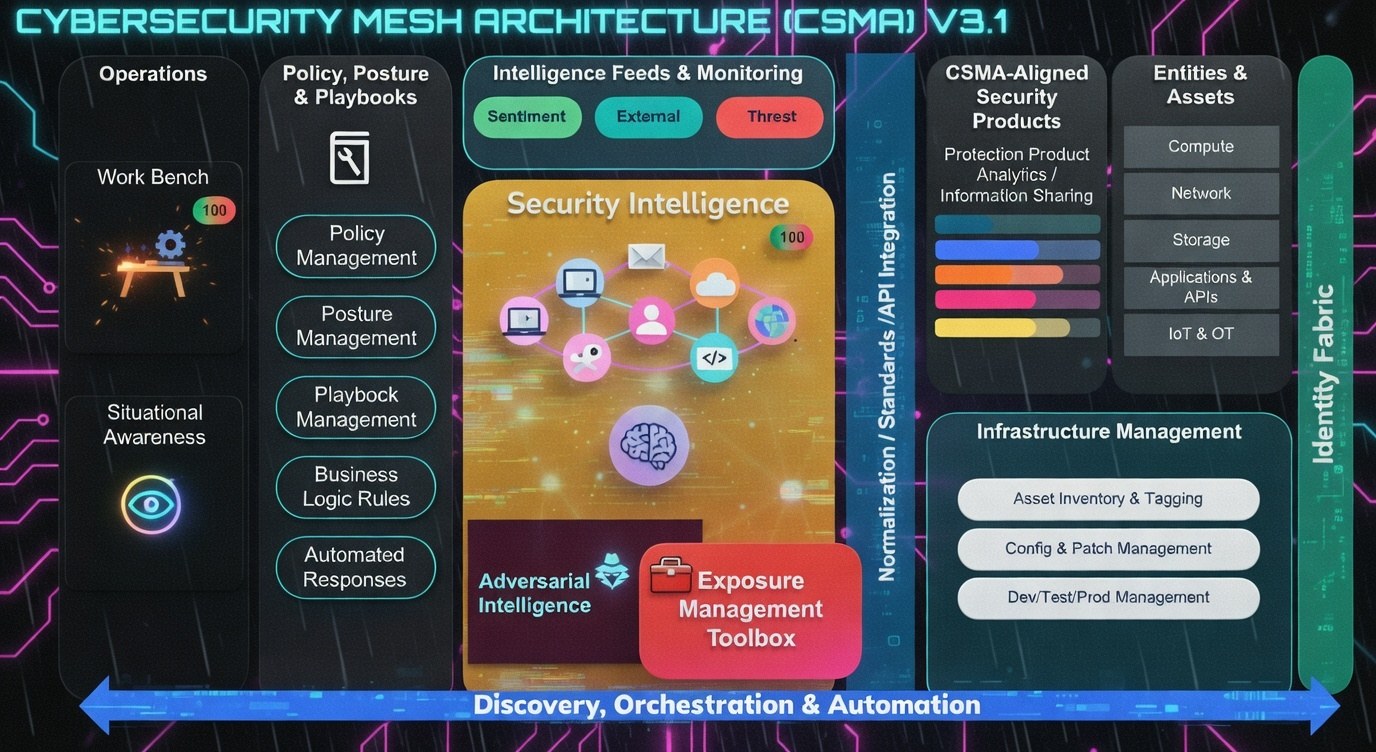 Cybersecurity Mesh Architecture (CSMA) v3.1: operations, policy/posture/playbooks, intelligence feeds and monitoring, security intelligence, exposure management, CSMA-aligned security products, entities and assets, infrastructure management, identity fabric, and discovery, orchestration and automation